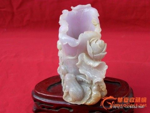 冰种紫罗兰缅甸A货翡翠笔筒摆件_冰种紫罗兰