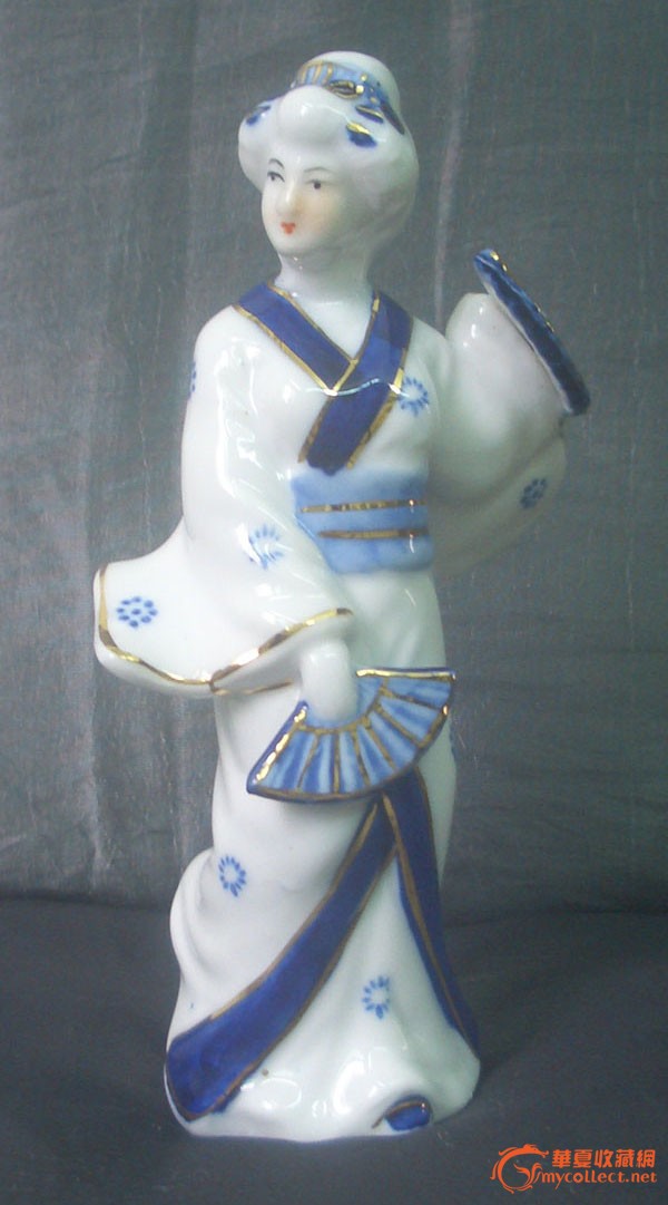 80年代出口描金蓝釉日本持扇舞女瓷塑_80年代