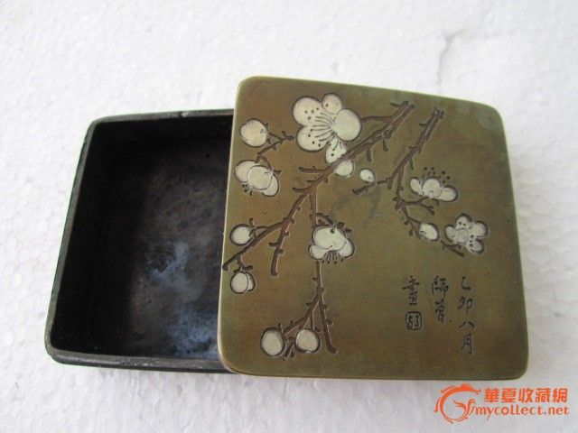 民国老黄铜镶白银*花墨合,_民国老黄铜镶白银