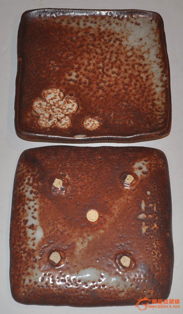 ▲日本守山款陶制赤釉点绘方形瓷器果盘5枚,桐