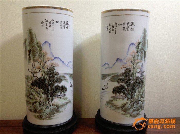 民国"江永发"款浅绛山水帽筒一对