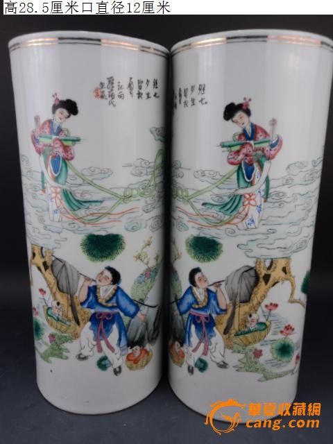 粉彩描金【<em>牛郎织女</em>七夕相会】帽筒_粉彩描金