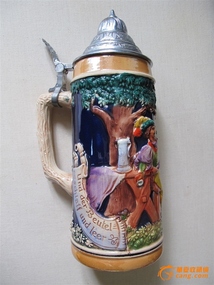 带锡盖德国啤酒杯传统手工浮雕彩绘《乡村生活