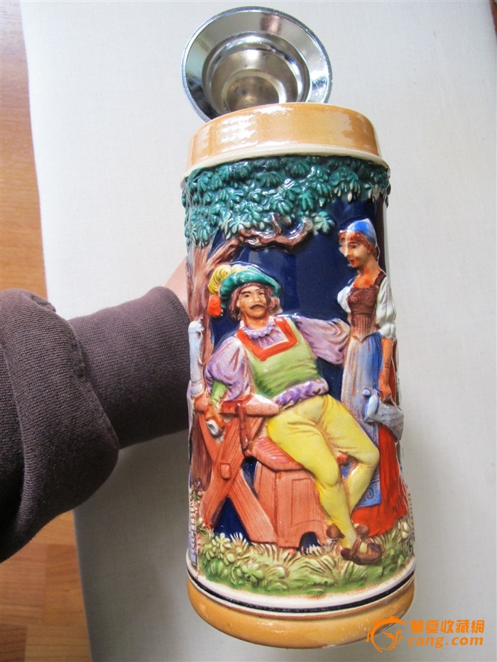 带锡盖德国啤酒杯传统手工浮雕彩绘《乡村生活