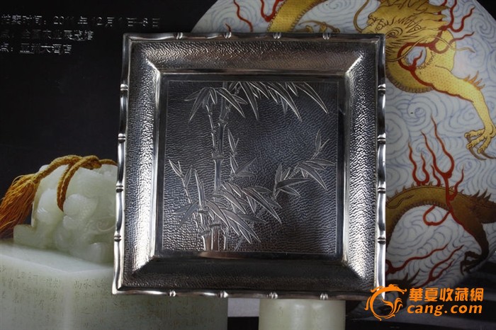 中国香港出口欧洲竹叶纹纯银盘CES手工雕刻