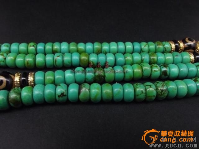 玩收藏天然西藏三眼天珠+绿松石佛珠念珠项链