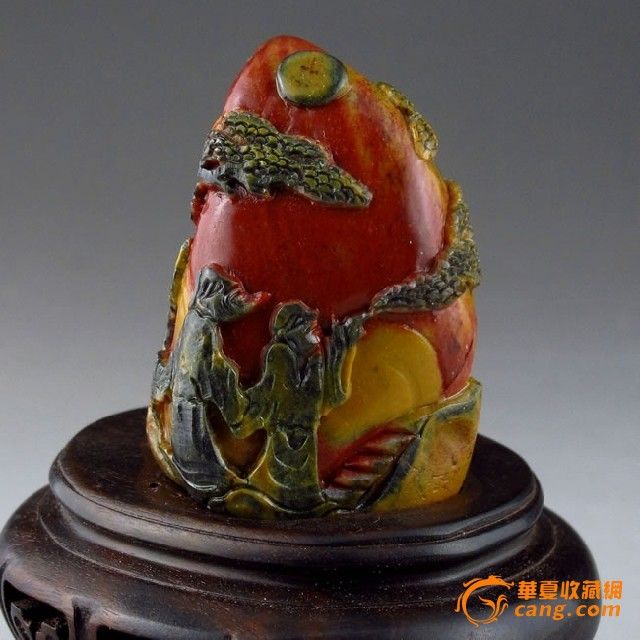 寿山石精品 乌鸦皮红黄牛蛋石摆件 指日高升_