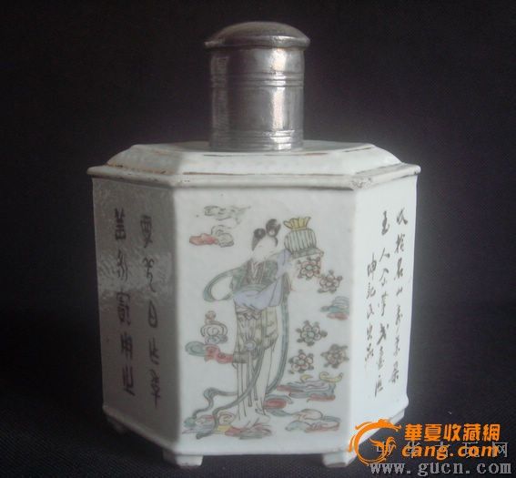 民国坤记氏出品粉彩人物<em>天女散花</em>六方<em>茶叶</em>罐