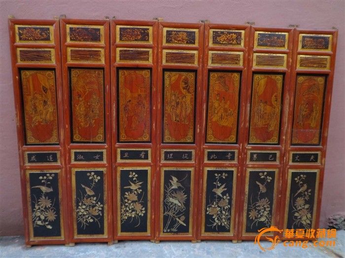 11#手绘戏曲人物黑底刻花鸟的老屏风_11#手绘