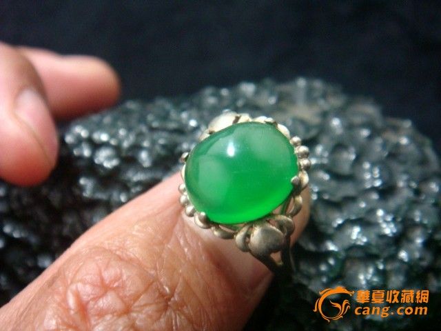 天然缅甸玻璃种深成石戒面925银镶嵌戒指-天然
