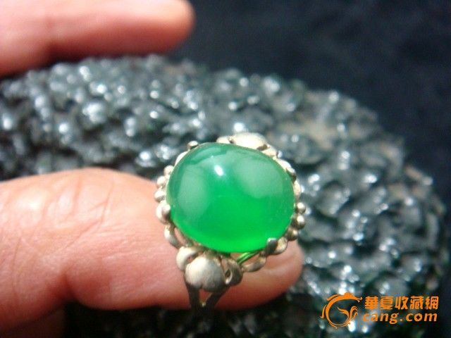 天然缅甸玻璃种深成石戒面925银镶嵌戒指-天然