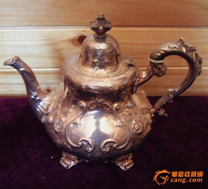 精美伦敦1859年造纯银立体雕花茶具咖啡具4件