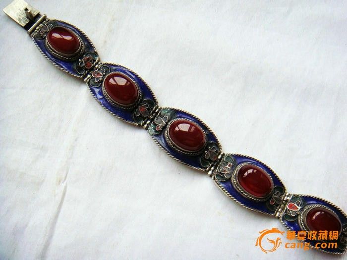 清代珐琅彩银镶嵌老红宝石手链_清代珐琅彩银