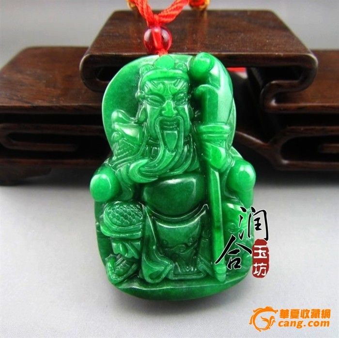 干青铁龙生全绿翡翠关公玉牌子-干青铁龙生全