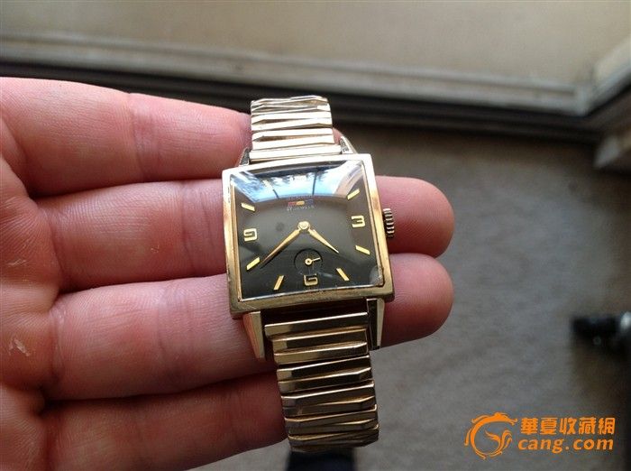 古董手表瑞士贝罗斯牌10K包金方套黑盘男表-