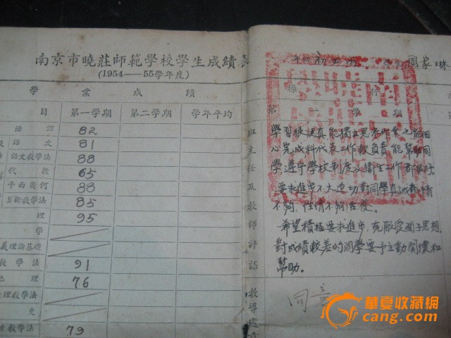 1955年《南京市晓庄师范学校学生成绩表》贴