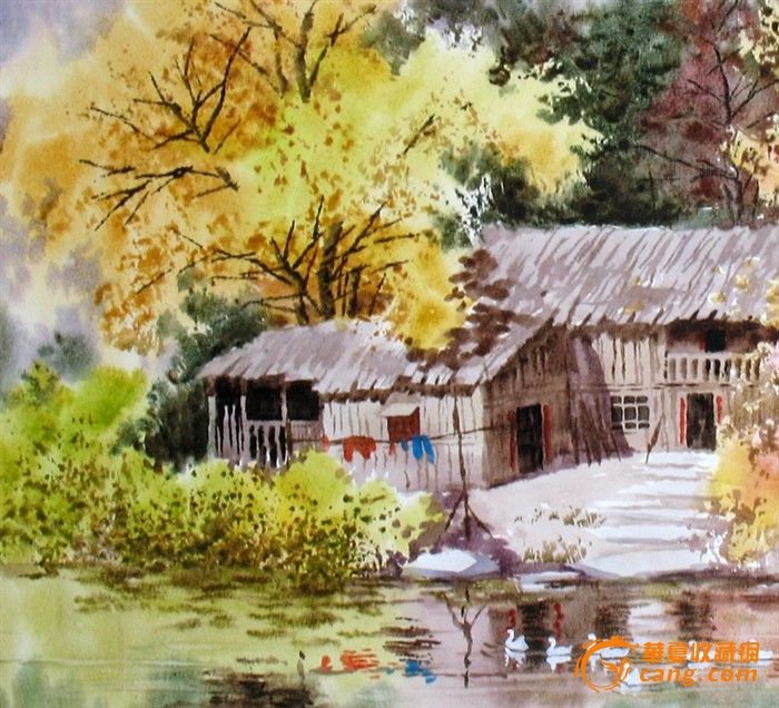 名家<em>作品</em>武朝利水彩画<em>风景画</em>写实 秋水人家 装