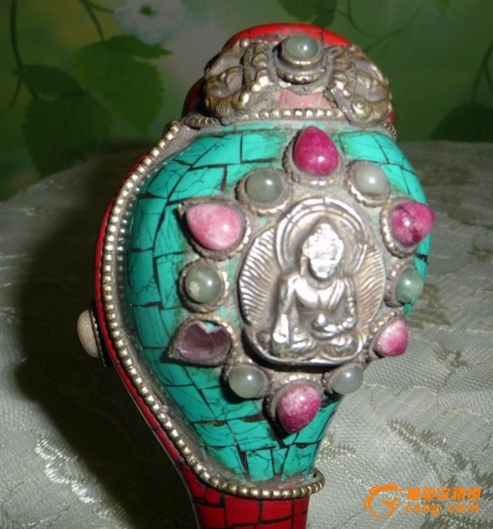 包老镶满绿松石红珊瑚宝石藏族法器海螺_包老
