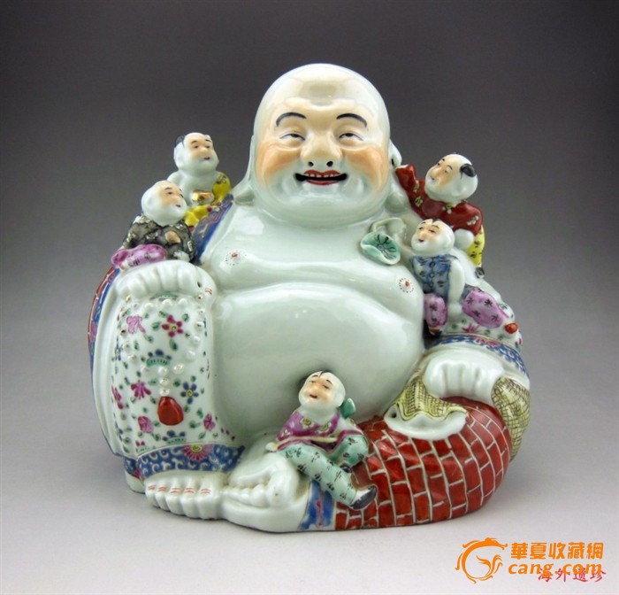 光绪-民国 名家'朱茂生'款 粉彩 五子登科 弥勒佛