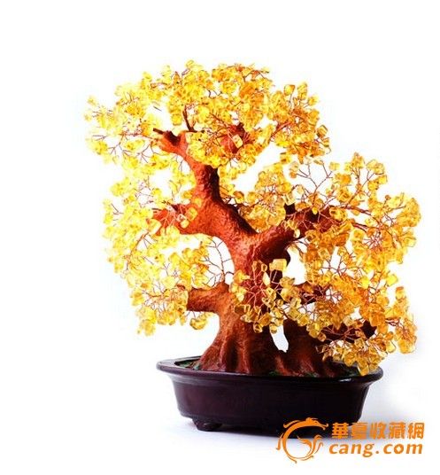 招财水晶发财树 纯天然黄水晶摇钱树摆件_招财