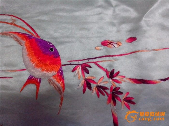 有款的青地年年有鱼老被单 老绣 刺绣_有款的