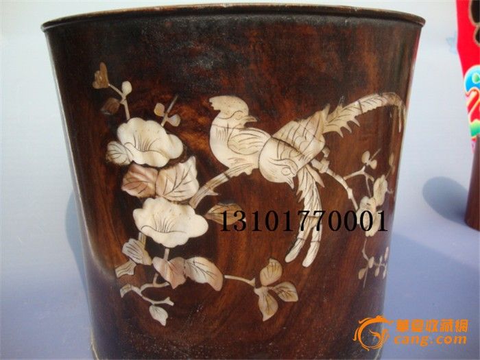 花梨木镶贝壳--大号笔筒--图片上边有尺寸_花梨