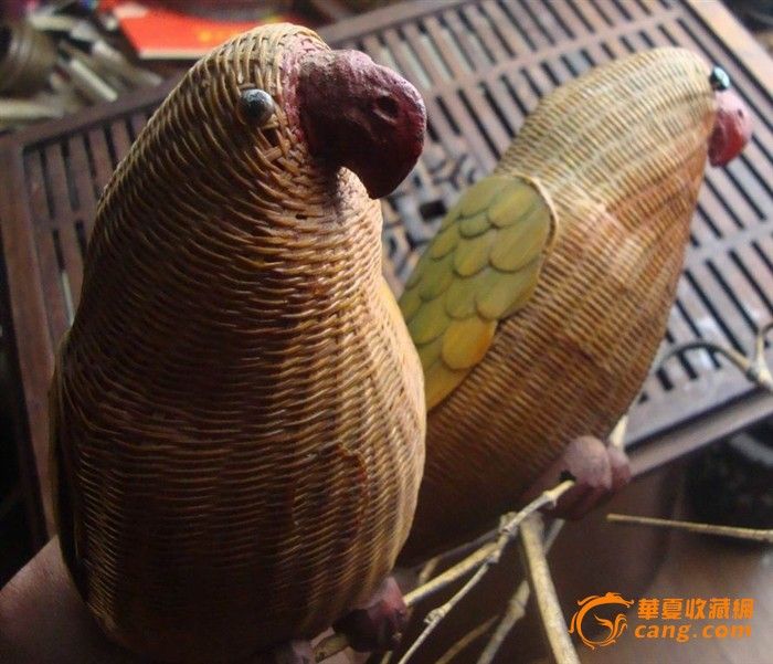 情侣鹦鹉老竹编工艺品(竹器)或为民国_情侣鹦
