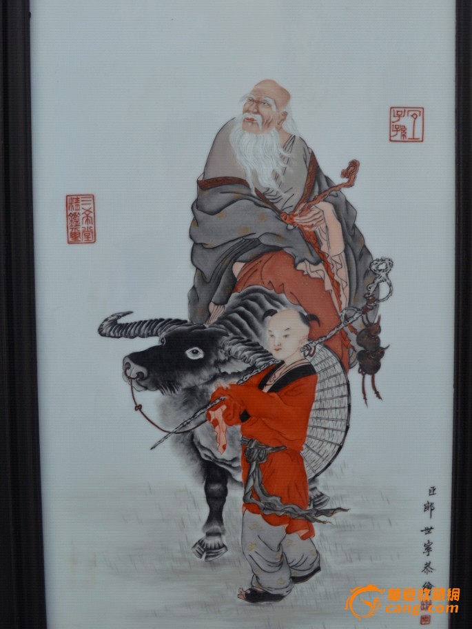 郎世宁绘粉彩老子出关瓷板挂屏