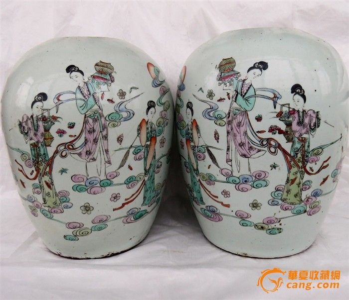 粉彩<em>天女散花</em>纹冬瓜<em>罐</em>一对_粉彩<em>天女散花</em>纹冬