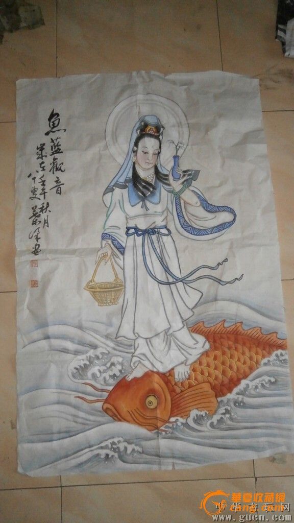 鲤鱼观音画像,八十岁老人画,名字看不懂_鲤鱼