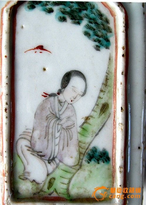 名家少山氏浅绛彩美女诗文四方笔筒(一方顶十