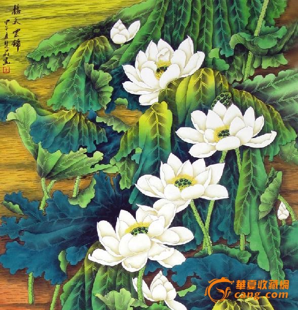 四尺竖幅工笔重彩荷花图