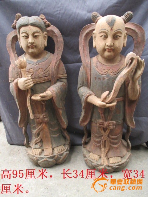 一对清代桐木雕刻童子