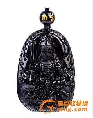 磨砂天然黑曜石<em>文殊菩萨</em>吊坠 属兔本命佛 <em>男女</em>
