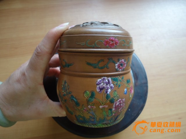 清代紫砂加彩蛐蛐罐一对