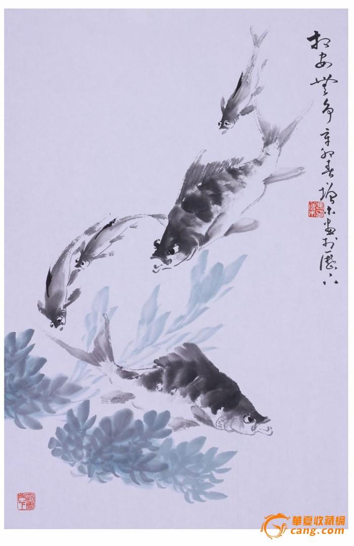 工艺美术大师冯增木写意国画鳜鱼条鱼水草条幅 相安无