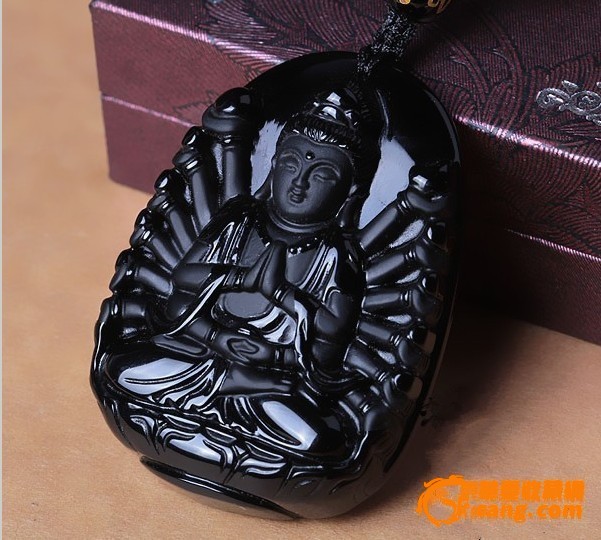 天然黑曜石千手观音吊坠