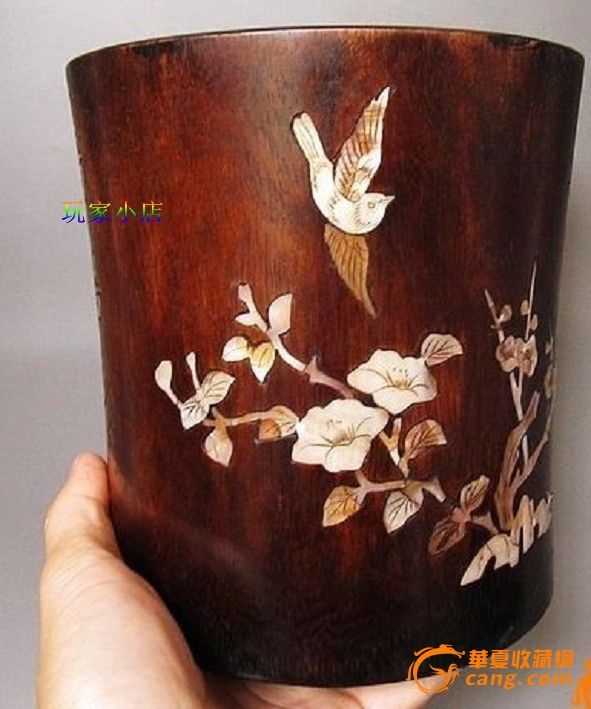 黄花梨镶螺钿 花鸟诗文图大笔筒