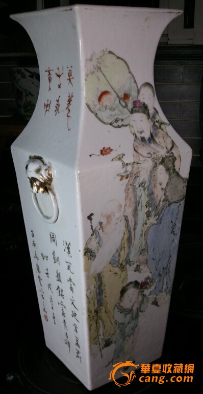==晚清大名家 早期浅绛马庆云作人物 山水四方瓶===