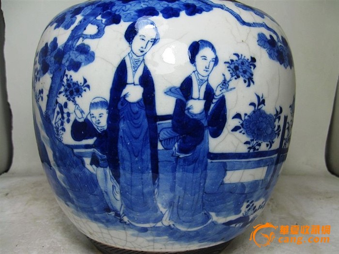 清代哥釉青花三娘教子绘画罐