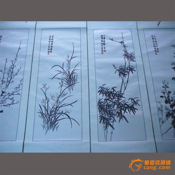 慕名湘绣 老刺绣收藏精品-墨绣梅兰竹菊四条屏