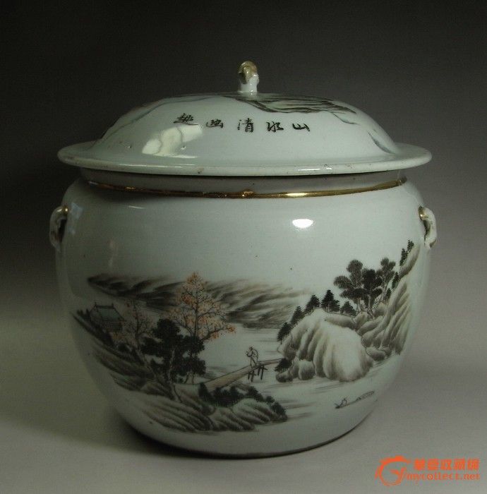 民国李复茂降彩山水大粥缸