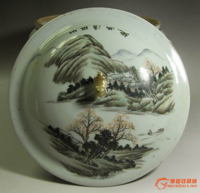 民国李复茂降彩山水大粥缸