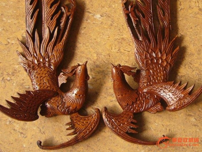 漂亮凤凰木雕一对