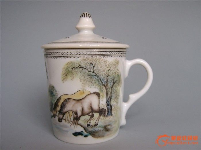 袁林绘新粉彩饮马把杯全品