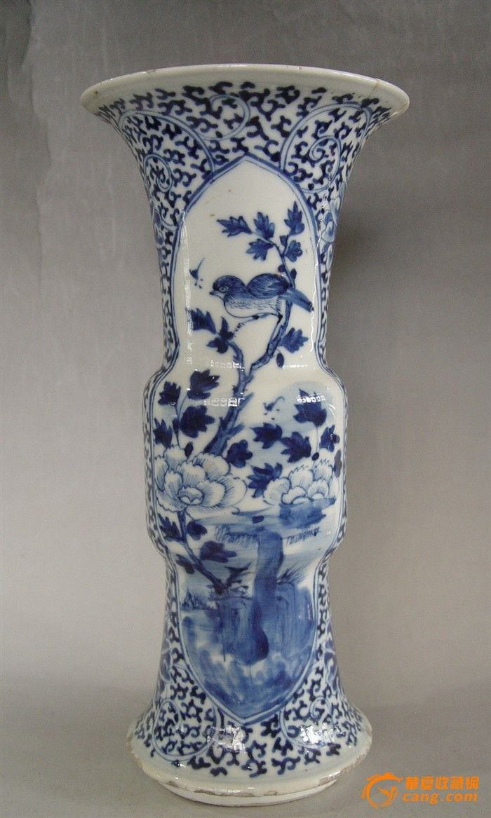 光绪青花缠枝番莲开光花鸟纹花觚