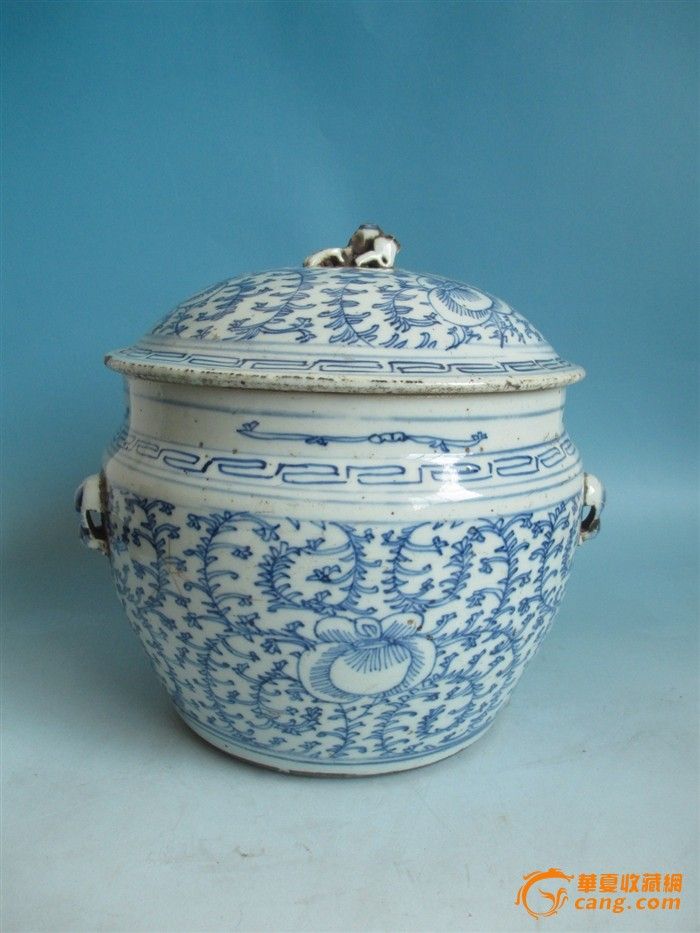 清代中期青花缠枝莲纹四系粥罐