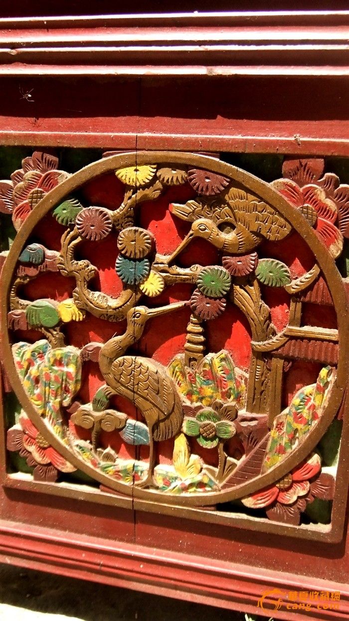 清--《鹤鹿同春》彩绘花窗一对