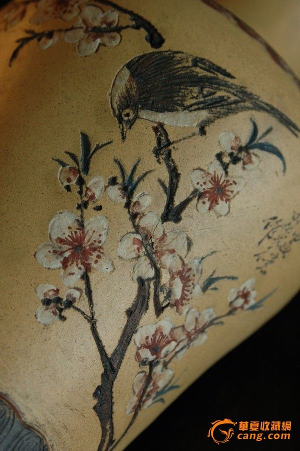 建国初期老一厂紫砂 陶刻名家任淦庭刻 粉段泥刻花鸟 云肩瓶