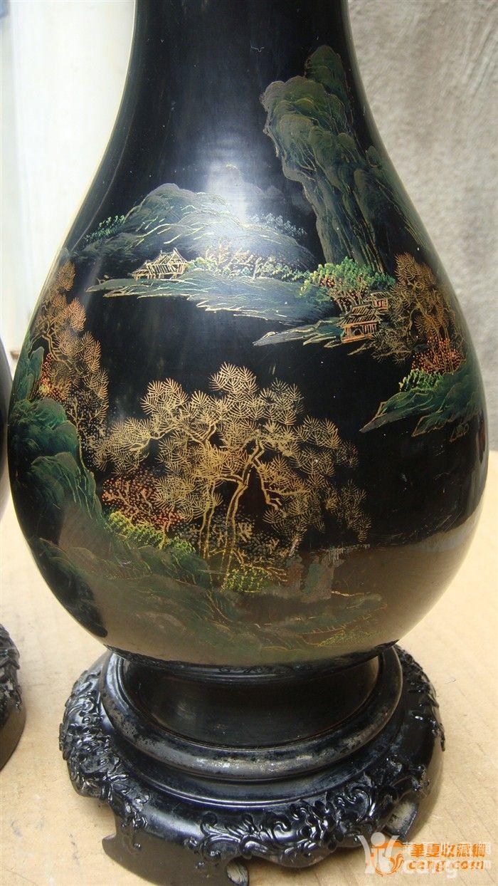 一对五十年代福建脱胎漆器描金山水花瓶